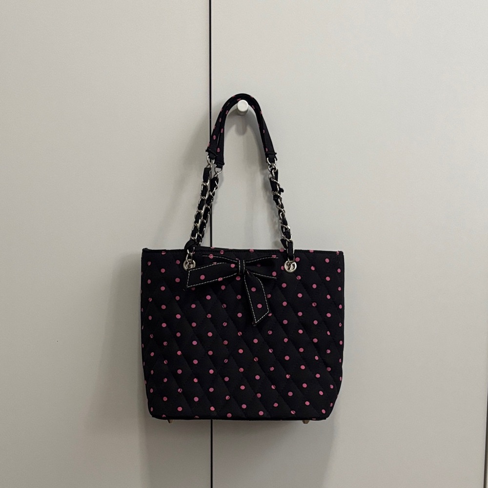 Black and Pink Polkadot Quilted Stitched Shoulder Bucket Small Tote Vintage Bag